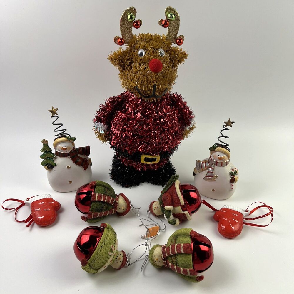 Tinsel Christmas Reindeer 10.5" Standing, 4 Snowmen Bells, Mittens & 2 Card Hold